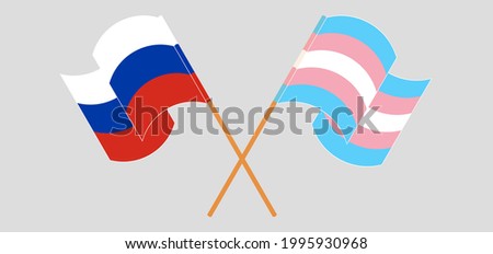 Crossed and waving flags of Russia and Transgender Pride