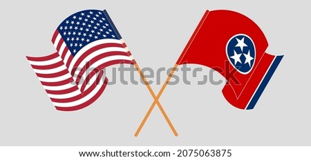 Crossed and waving flags of the USA and The State of Tennessee. Vector illustration
