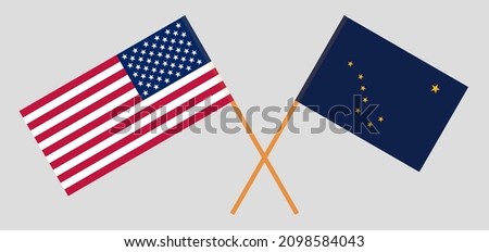 Crossed flags of the USA and the State of Alaska. Official colors. Correct proportion. Vector illustration
