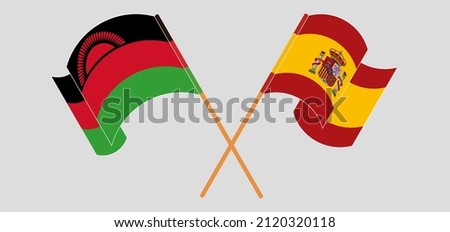 Crossed and waving flags of Malawi and Spain. Vector illustration
