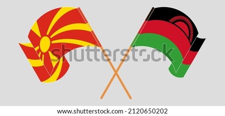 Crossed and waving flags of North Macedonia and Malawi. Vector illustration
