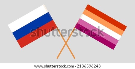 Crossed flags of Russia and Lesbian Pride. Official colors. Correct proportion. Vector illustration