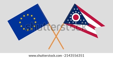 Crossed flags of the European Union and the State of Ohio. Official colors. Correct proportion. Vector illustration
