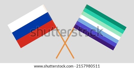 Crossed flags of Russia and gay men pride. Official colors. Correct proportion. Vector illustration
