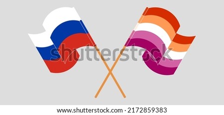 Crossed and waving flags of Russia and Lesbian Pride. Vector illustration
