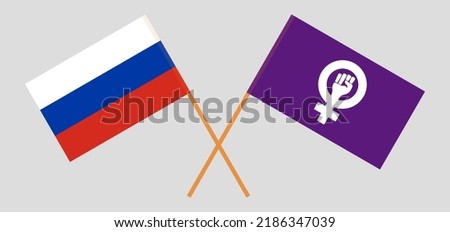 Crossed flags of Russia and Feminism. Official colors. Correct proportion. Vector illustration
