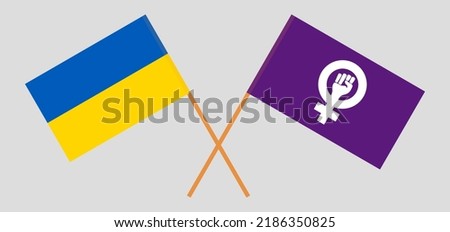 Crossed flags of Ukraine and Feminism. Official colors. Correct proportion. Vector illustration
