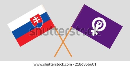 Crossed flags of Slovakia and Feminism. Official colors. Correct proportion. Vector illustration

