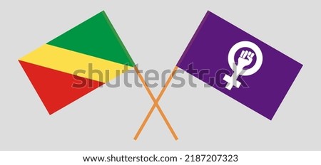 Crossed flags of Republic of the Congo and Feminism. Official colors. Correct proportion. Vector illustration
