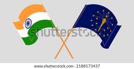 Crossed and waving flags of India and the State of Indiana. Vector illustration
