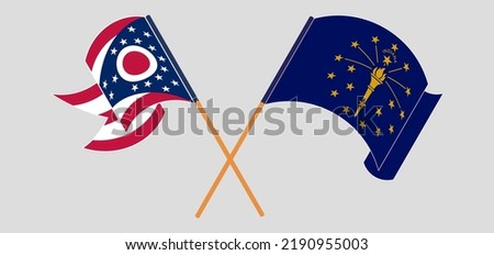 Crossed and waving flags of the State of Ohio and the State of Indiana. Vector illustration
