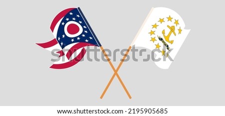 Crossed and waving flags of the State of Ohio and the State of Rhode Island. Vector illustration
