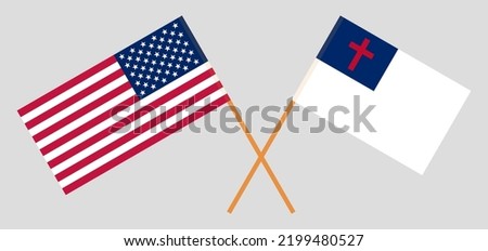 Crossed flags of the USA and christianity. Official colors. Correct proportion. Vector illustration