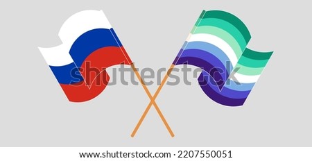 Crossed and waving flags of Russia and gay men pride. Vector illustration
