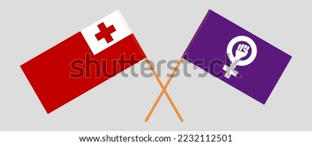 Crossed flags of Tonga and Feminism. Official colors. Correct proportion. Vector illustration
