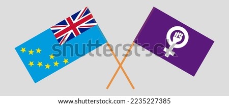 Crossed flags of Tuvalu and Feminism. Official colors. Correct proportion. Vector illustration

