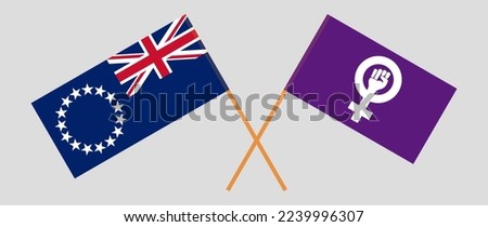 Crossed flags of Cook Islands and Feminism. Official colors. Correct proportion. Vector illustration
