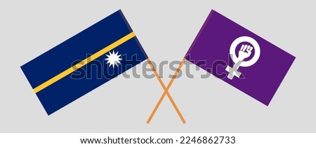 Crossed flags of Nauru and Feminism. Official colors. Correct proportion. Vector illustration
