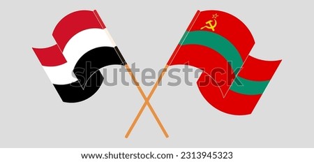 Crossed and waving flags of Yemen and Transnistria. Vector illustration
