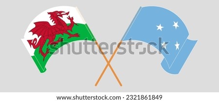Crossed and waving flags of Wales and Micronesia. Vector illustration
