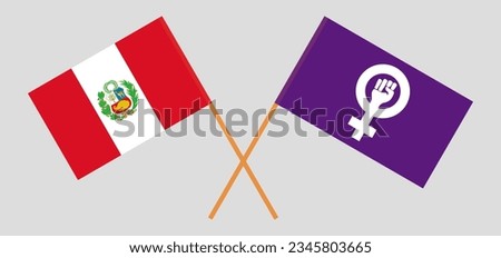 Crossed flags of Peru and Feminism. Official colors. Correct proportion. Vector illustration
