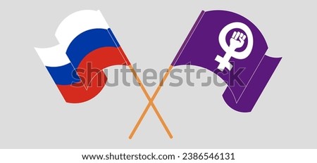 Crossed and waving flags of Russia and Feminism. Vector illustration
