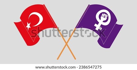 Crossed and waving flags of Turkiye and Feminism. Vector illustration
