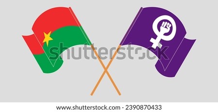 Crossed and waving flags of Burkina Faso and Feminism. Vector illustration
