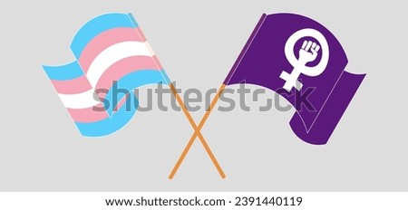 Crossed and waving flags of Transgender Pride and Feminism. Vector illustration
