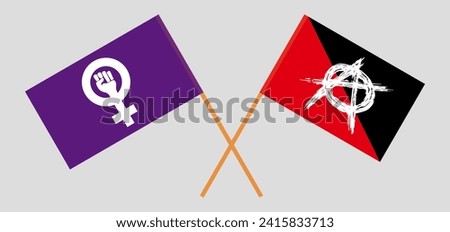 Crossed flags of Feminism and anarchy. Official colors. Correct proportion. Vector illustration
