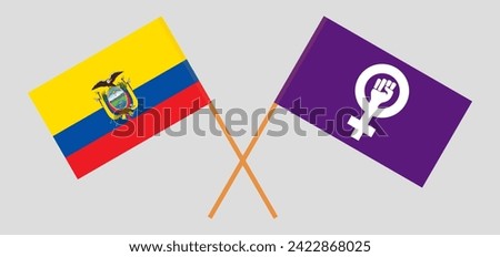 Crossed flags of Ecuador and Feminism. Official colors. Correct proportion. Vector illustration
