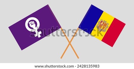 Crossed flags of Feminism and Andorra. Official colors. Correct proportion. Vector illustration

