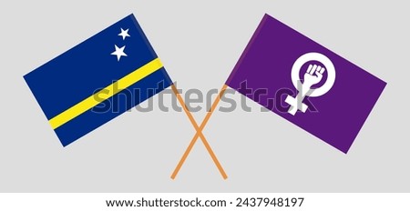 Crossed flags of Country of Curacao and Feminism. Official colors. Correct proportion. Vector illustration
