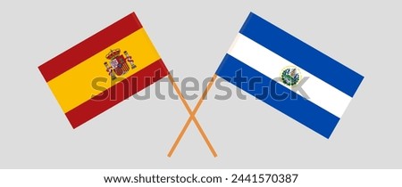 Crossed flags of Spain and El Salvador. Official colors. Correct proportion. Vector illustration
