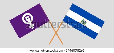 Crossed flags of Feminism and El Salvador. Official colors. Correct proportion. Vector illustration
