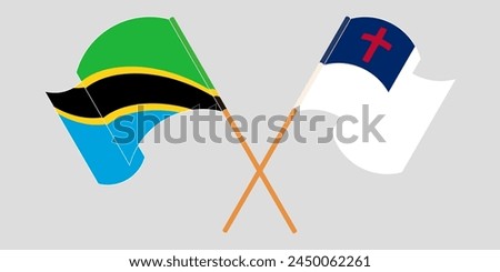 Crossed and waving flags of Tanzania and christianity. Vector illustration
