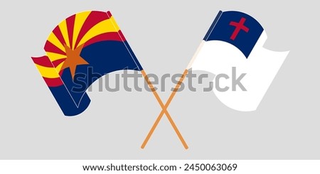 Crossed and waving flags of the State of Arizona and christianity. Vector illustration
