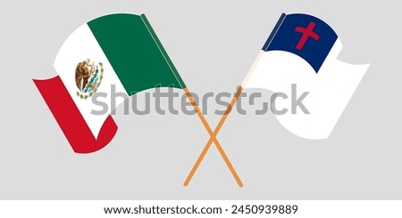 Crossed and waving flags of Mexico and christianity. Vector illustration
