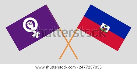 Crossed flags of Feminism and Haiti. Official colors. Correct proportion. Vector illustration
