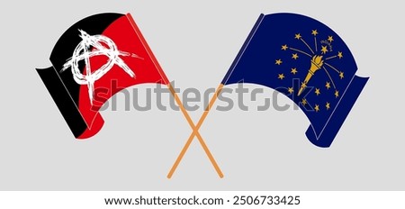 Crossed and waving flags of Anarchy and the State of Indiana. Vector illustration
