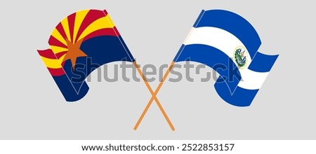 Crossed and waving flags of the State of Arizona and Republic of El Salvador. Vector illustration.
