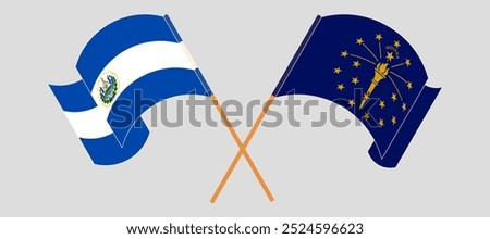 Crossed and waving flags of Republic of El Salvador and the State of Indiana. Vector illustration.
