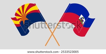 Crossed and waving flags of the State of Arizona and Republic of Haiti. Vector illustration.
