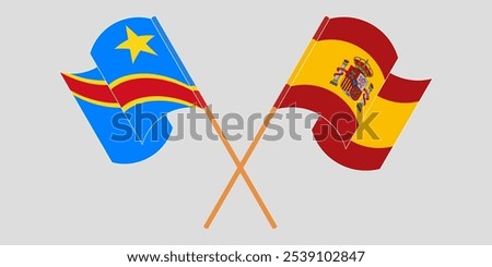 Crossed and waving flags of Democratic Republic of the Congo and Spain. Vector illustration.