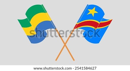 Crossed and waving flags of Gabon and Democratic Republic of the Congo. Vector illustration.
