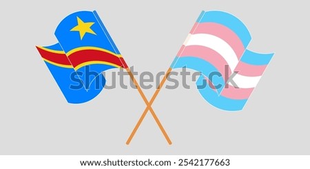 Crossed and waving flags of Democratic Republic of the Congo and Transgender Pride. Vector illustration.
