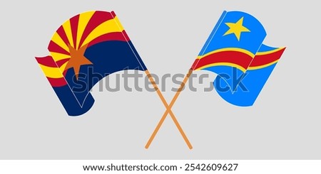 Crossed and waving flags of the State of Arizona and Democratic Republic of the Congo. Vector illustration.
