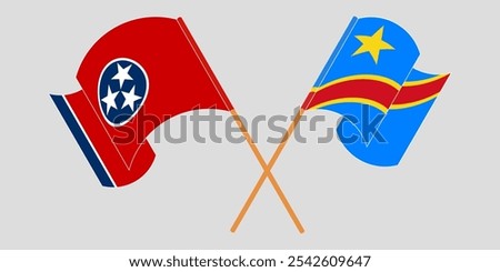 Crossed and waving flags of The State of Tennessee and Democratic Republic of the Congo. Vector illustration.
