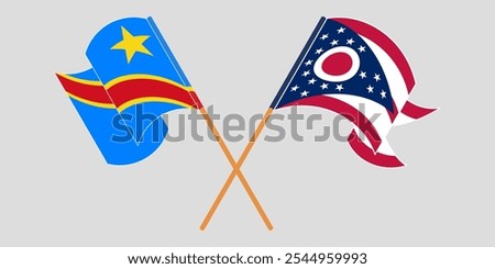 Crossed and waving flags of Democratic Republic of the Congo and the State of Ohio. Vector illustration.
