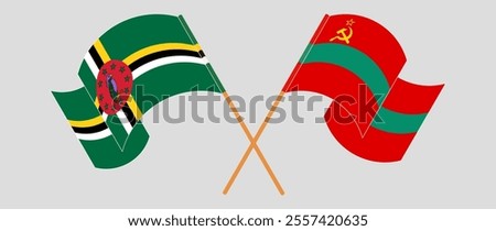 Crossed and waving flags of Dominica and Transnistria. Vector illustration.
